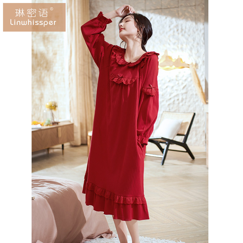纯棉睡裙女士春秋季长袖大码红色睡衣本命年连衣裙新娘结婚家居服