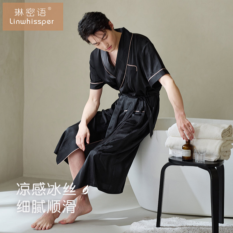 冰丝睡袍男士夏季短袖一体式