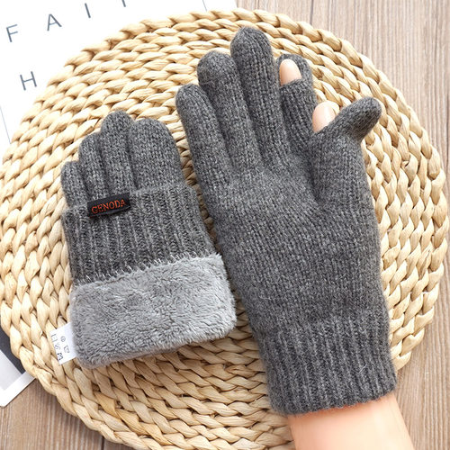 男女冬季加绒保暖露指触屏手套