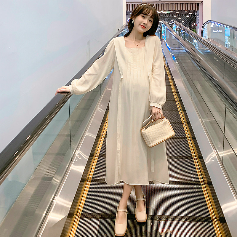 孕妇春装连衣裙潮妈时尚气质宽松系带裙子夏季小个子白色长袖新款