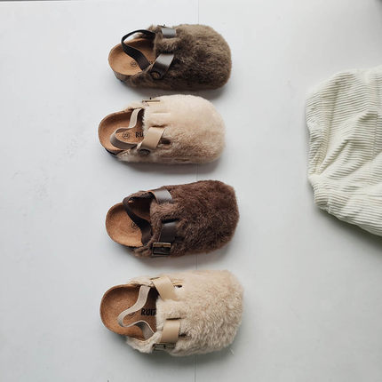 Milo7c-自制 韩国儿童冬新款木糠鞋女童毛毛鞋男童软木宝宝毛拖鞋