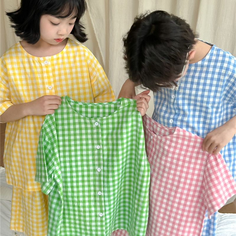 milo7c-自制 男女童韩风夏格子睡衣儿童宽松短袖短裤家居服两件套