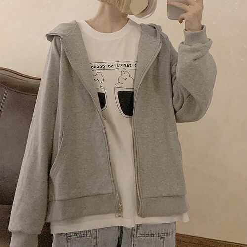 加绒卫衣休闲外套女灰色拉链运动
