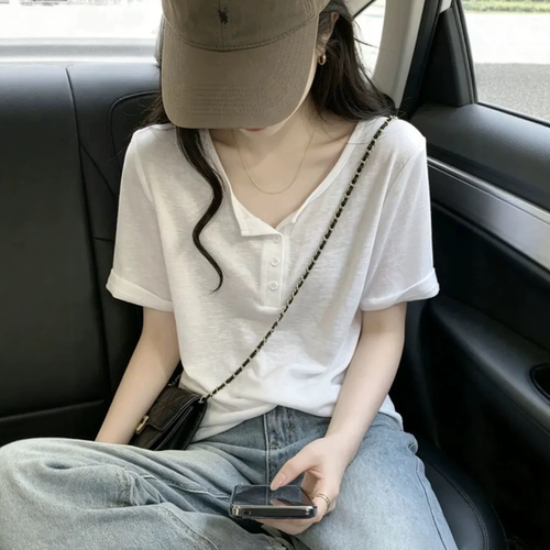巨好看的白色雪花棉纽扣短袖凉快t恤女士2026新款夏日上衣不撞款