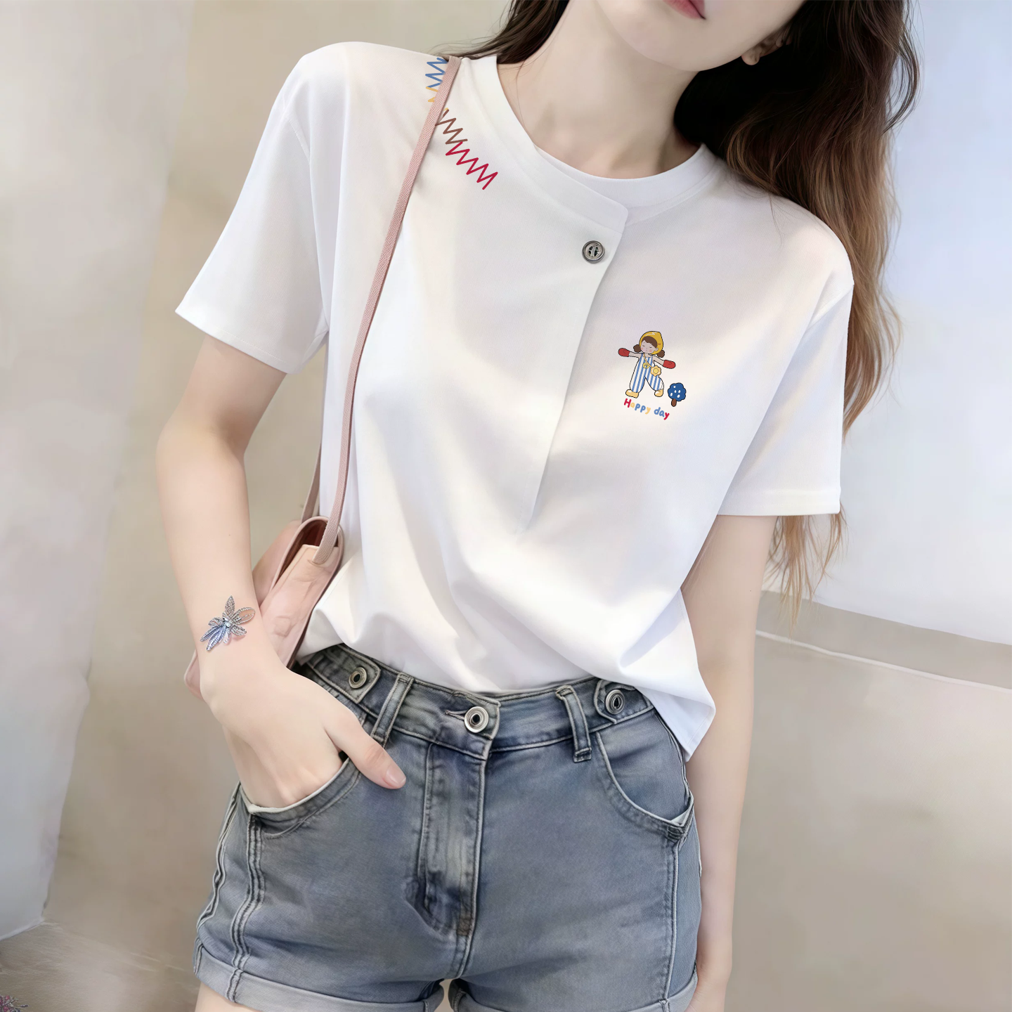 夏季韩系白色短袖t恤女2026新款纽扣时尚洋气时髦轻奢高级感上衣 - 实物图