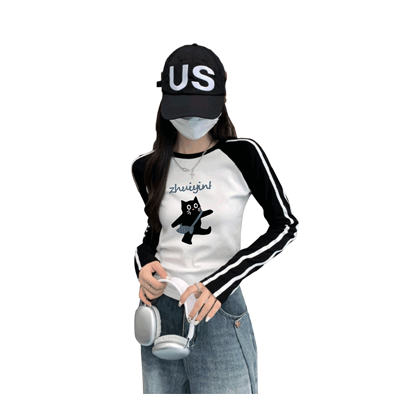 插肩袖t恤女装2025新款冬季内搭打底衫早秋chic长袖上衣美式短款