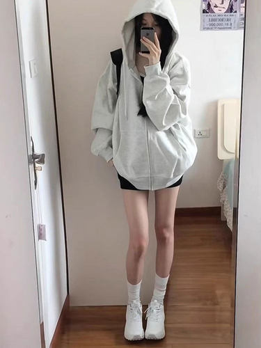 美式高街白灰色连帽卫衣女秋冬