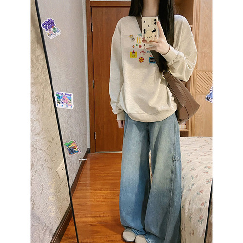 白灰色圆领套头卫衣女2026新款