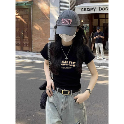 美式黑色纯棉短袖t恤女2025新款