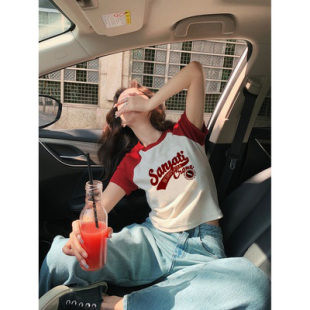 小众设计感独特插肩袖 美式 夏季 t恤女2026年新款 上衣 复古纯棉短袖