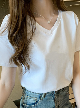 白色纯棉V领短袖T恤女2025早春新款夏季宽松大码女装上衣服ins潮