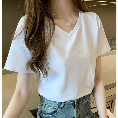 白色ins潮纯棉V领短袖T恤女