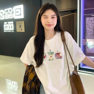 纯棉韩系chic感穿搭上衣 夏季 休闲风正肩显瘦短袖 t恤女装 2025新款