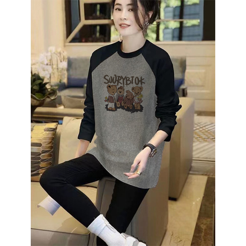 纯棉撞色长袖t恤女2025秋冬加绒