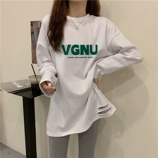 宽松洋气加绒百搭长袖 内搭打底衫 t恤上衣 白色破洞中长款 女秋冬季