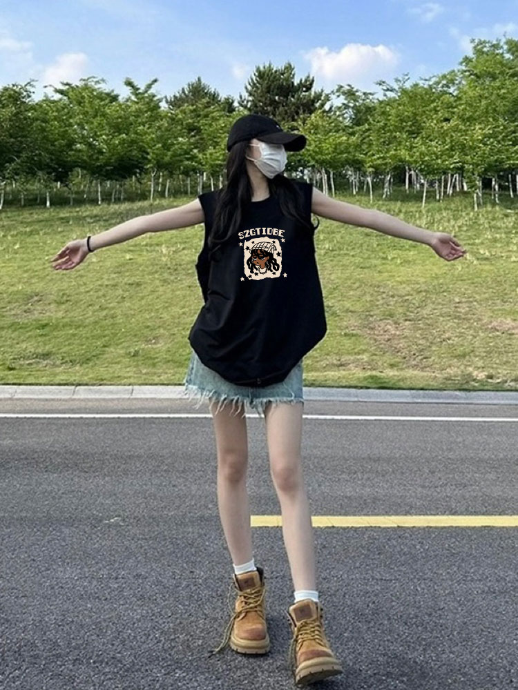 美式复古黑色纯棉背心女夏季2025新款宽松外穿设计感小众无袖上衣