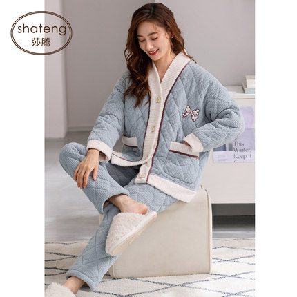 三层加绒加厚珊瑚绒夹棉袄睡衣女冬款开衫加棉家居服套装冬季大码