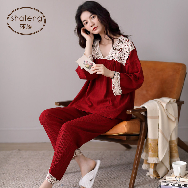 3秋季睡衣女士纯棉长袖简约纯色秋冬红色结婚全棉家居服春秋款套装