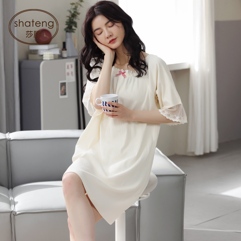 睡衣女纯棉夏季薄款短袖睡裙简约纯色中裙日系可爱公主风连衣裙子