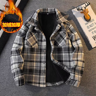 秋冬季加绒格子衬衫男款高级感日系加厚保暖夹克男生休闲毛呢外套