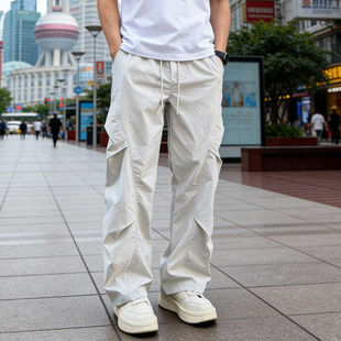 裤 休闲直筒褶皱冲锋裤 男士 子美式 纯色宽松弯刀裤 户外速干伞兵工装