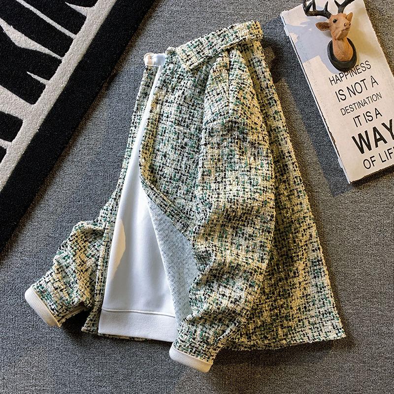 小香风千鸟格毛呢外套男亮片衬衫