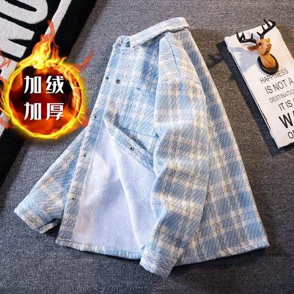 加绒针织小香风格子衬衫男款潮牌痞帅工装外套高级感加厚保暖衬衣