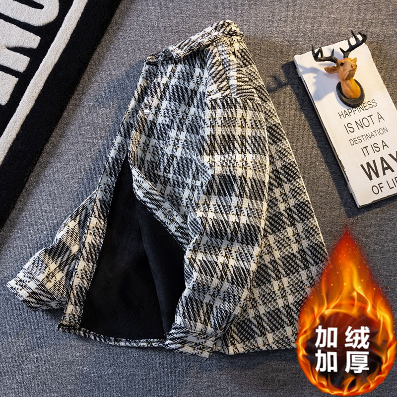 加绒毛呢外套男加厚保暖格子夹克