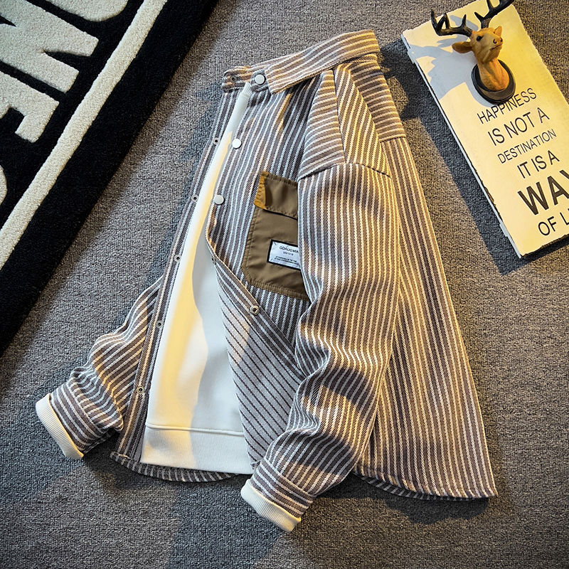 日系复古口袋条纹衬衫男长袖外套