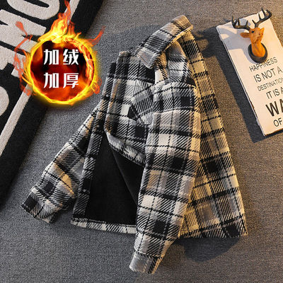 加绒毛呢格子衬衫外套男保暖夹克