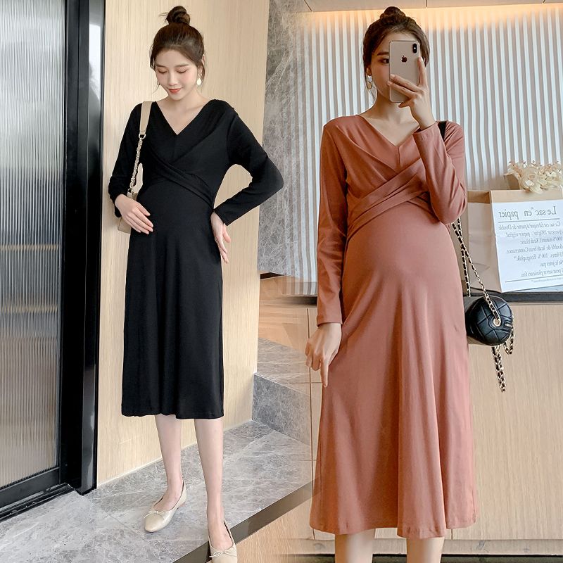 孕妇春季新款韩版时尚春秋孕妇装莫代尔高弹中长款显瘦气质连衣裙