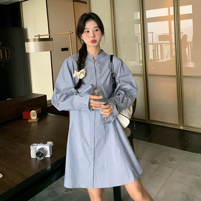 款号1078蓝竖条纹连衣裙100%全棉休闲韩版长期有货P115k158，女装连衣裙，浙宝220A