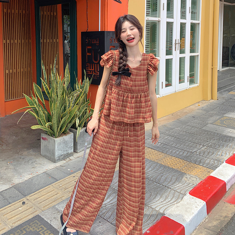 现货夏款新款复古格子飞袖套装支持退现，女装套装/套裙，浙宝220A