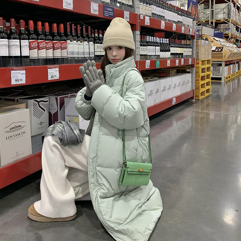 韩版保暖防风立领长款羽绒服女2025冬季新款显瘦加厚白鸭绒面包服,女装羽绒服,浙宝220A