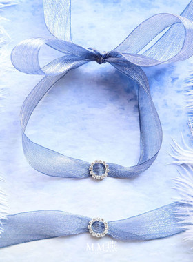 韩国东大门同款防过敏闪亮蓝色丝带水钻吊坠choker锁骨链项链颈链