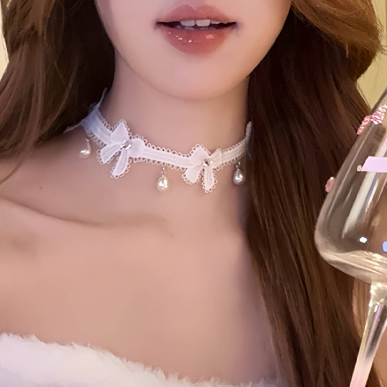 纯欲风饰品黑白蕾丝项链蝴蝶结珍珠吊坠颈链choker项圈锁骨链