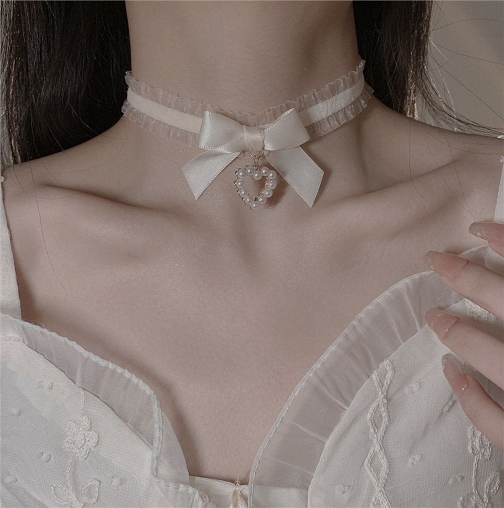纯欲风饰品甜美Lolita珍珠爱心吊坠蝴蝶结颈链Choker锁骨链项链女