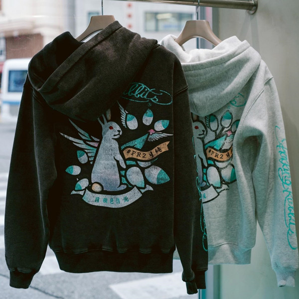 #FR2 月桃GETTO Frost Bleach Rabbits Tattoo Zip-up Hoodie