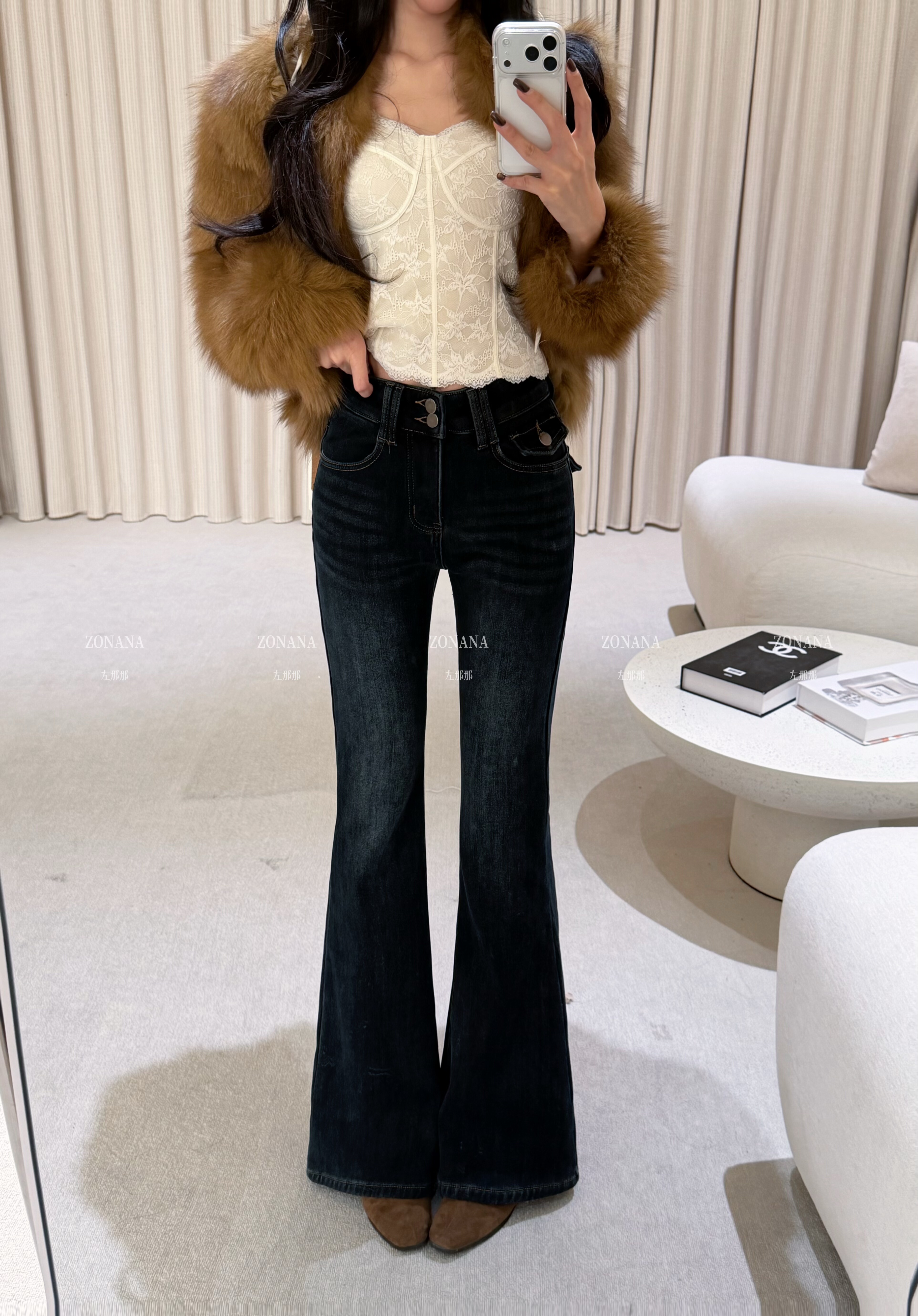 ZONANA左那那高腰显瘦复合绒微喇牛仔裤女2025冬季时尚修身喇叭裤