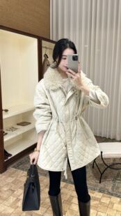 ONE BY TOW韩系羊毛领菱格纹收腰棉服女2026冬新款中长款保暖外套