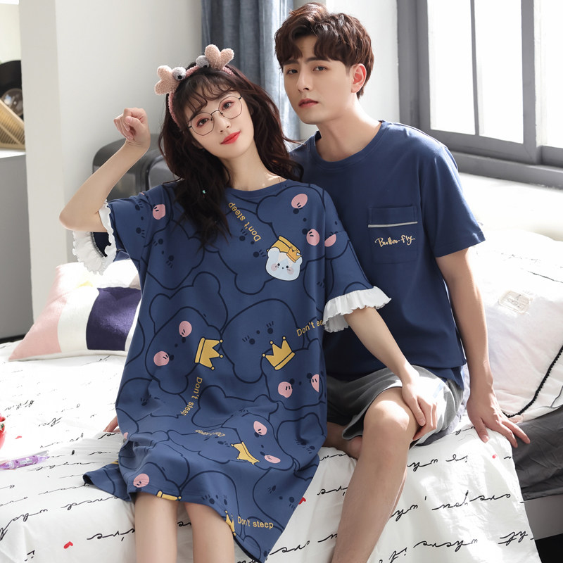 2套价 情侣睡衣夏季纯棉韩版可爱睡裙女短袖家居服男夏天薄款套装