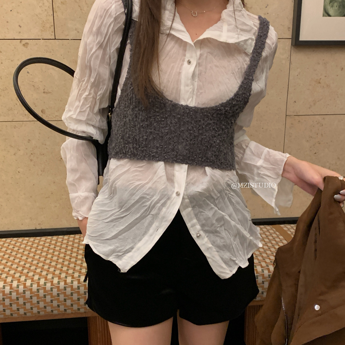 MZI STUDIO-盐伯爵茶韩调秋日距离感舒适亲肤翻领钮扣衬衫157962#图片