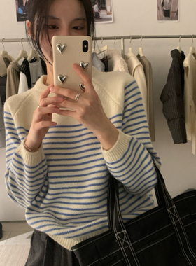 KITTIN-2025极简条纹韩系撞色条纹慵懒风休闲套头毛衣10731-AW25