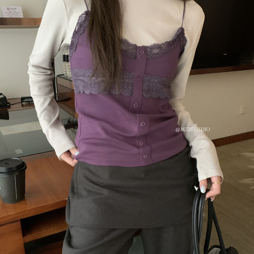 MZI STUDIO-秋蕾丝花边钮扣吊带+净版极简圆领软糯长袖套装13605#