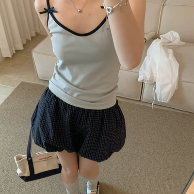 OMELET蛋卷-甜美学院风蝴蝶结拼色吊带背心莱赛尔XHT25482