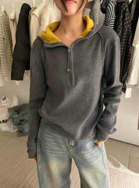 KITTIN-WoolBlend｜韩系撞色羊毛混纺半拉链连帽毛衣G10021