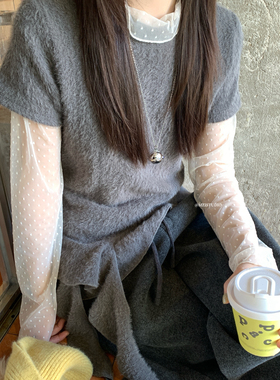 MZI STUDIO-打叠穿荷叶边不规则飘带短袖毛毛套头小衫13971#