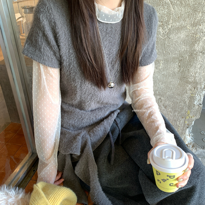 MZI STUDIO-打叠穿荷叶边不规则飘带短袖毛毛套头小衫13971#