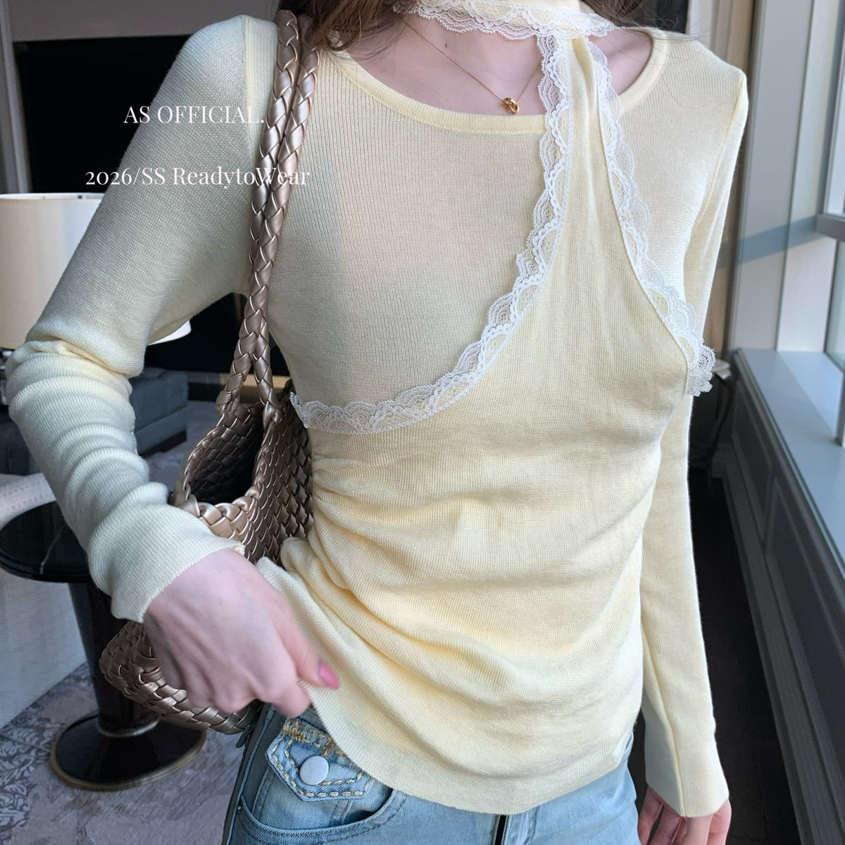 AS OFFICIAL-蕾丝拼接假两件挂脖针织小衫（含6绵羊毛）15322,女装/女士精品,毛针织衫,淘宝优惠券,粉丝福利购,淘宝优惠卷