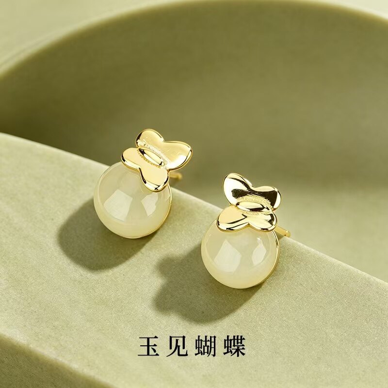 森系和田玉蝴蝶结耳钉925银耳环